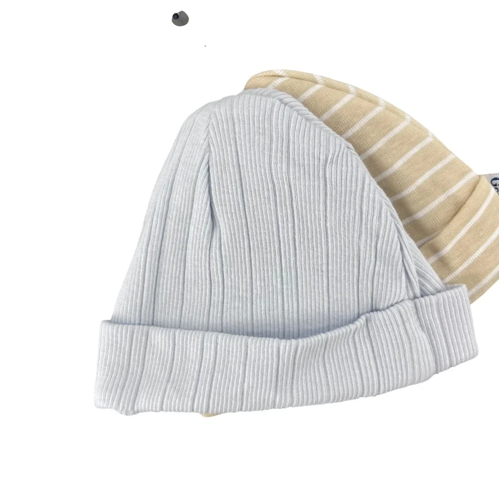 Gerber Hat Set Newborn NB Blue Tan 3 Pack Bear Ears Ribbed Striped Cotton Caps